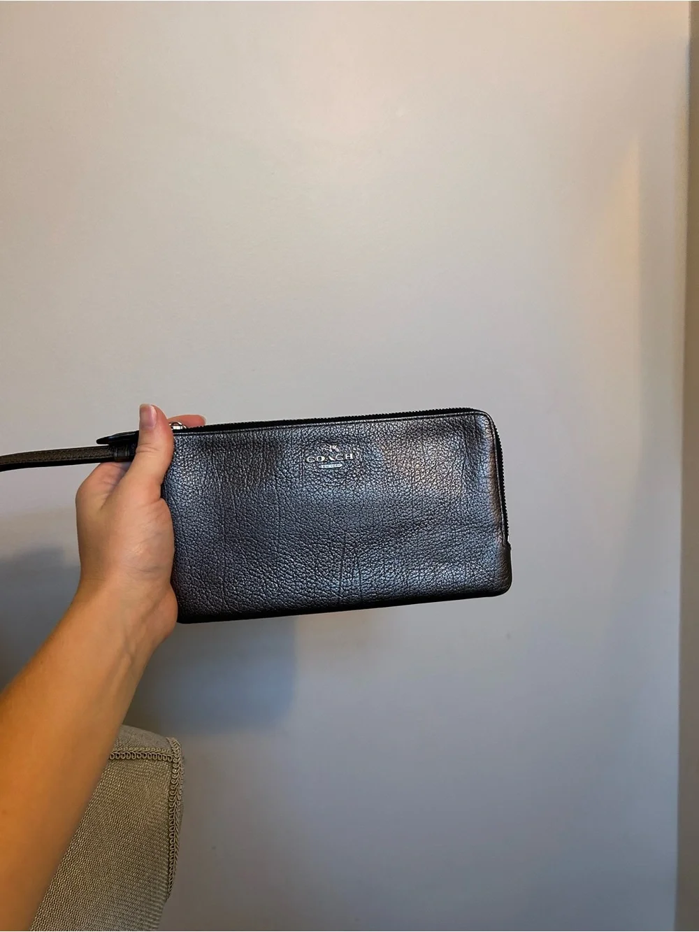 Coach Black Pebbled Leather Wristlet with Zip